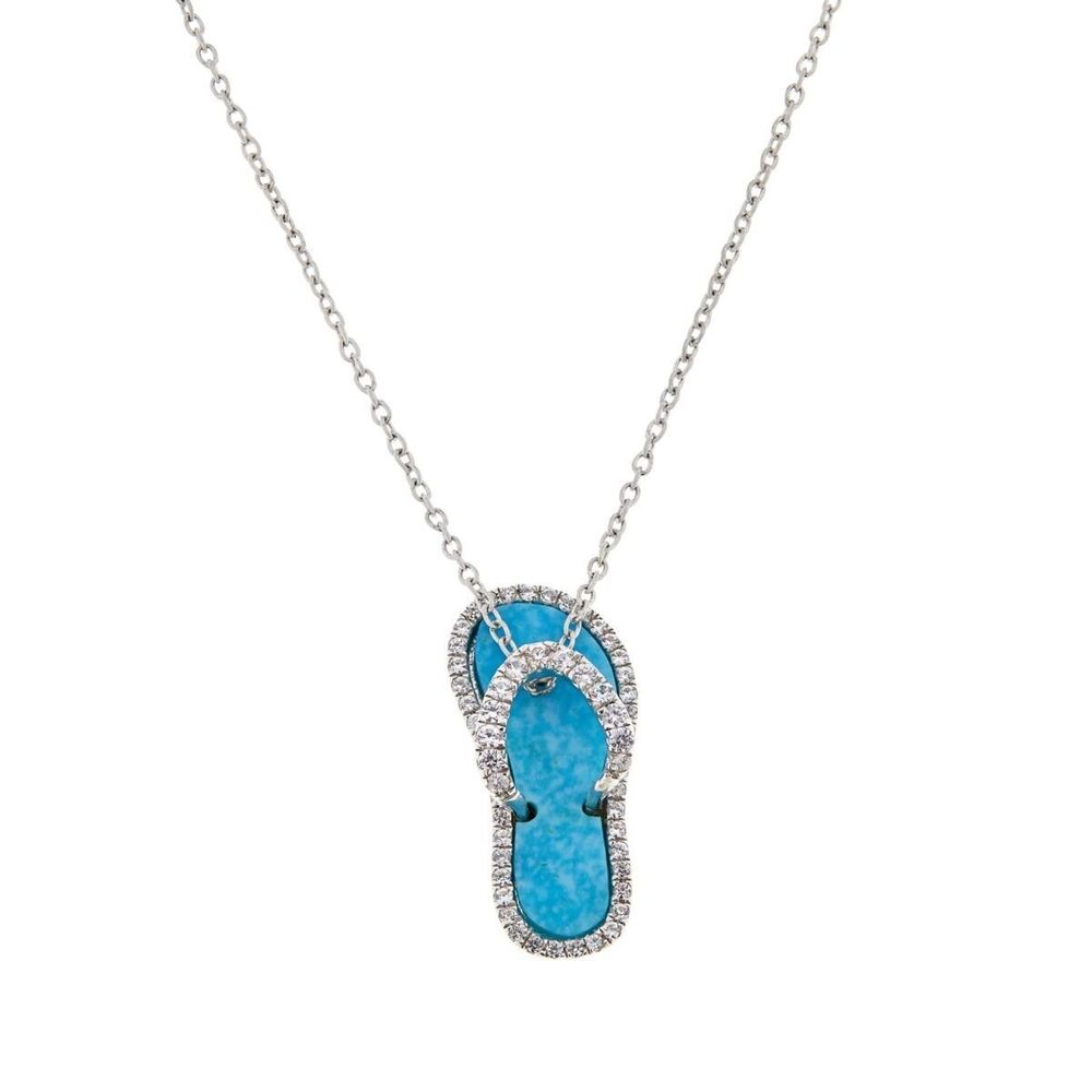 New .925 Sterling Silver Palm Tree Flip Flop Pendant Necklace, Blue Turquoise